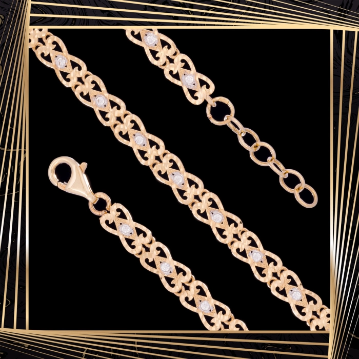 B398 Złota bransoletka. Ażurowe elementy z cyrkoniami. 585