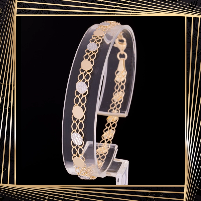 B399 Złota bransoletka. Diamentowane talerzyki. 585