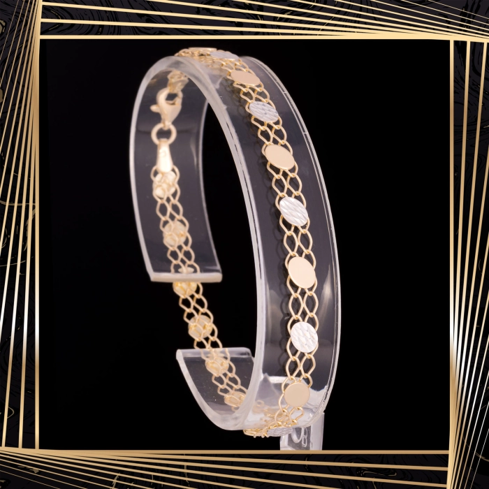 B399 Złota bransoletka. Diamentowane talerzyki. 585