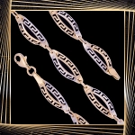 B409 Złota bransoletka. Dwukolorowe elementy z drogą grecką. 585