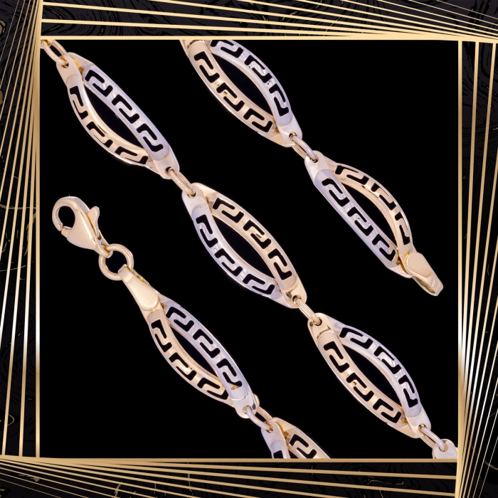 B409 Złota bransoletka. Dwukolorowe elementy z drogą grecką. 585