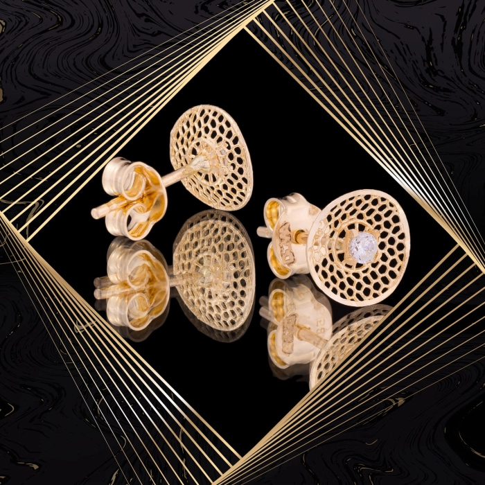 K1653 Złote kolczyki. Ażurowe talerzyki z cyrkoniami. 585