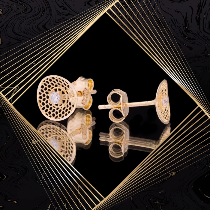 K1653 Złote kolczyki. Ażurowe talerzyki z cyrkoniami. 585