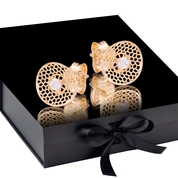 K1653 Złote kolczyki. Ażurowe talerzyki z cyrkoniami. 585