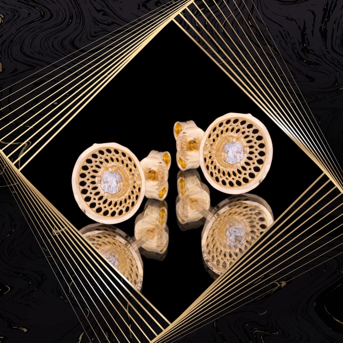 K1654 Złote kolczyki. Ażurowe talerzyki z cyrkoniami. 585