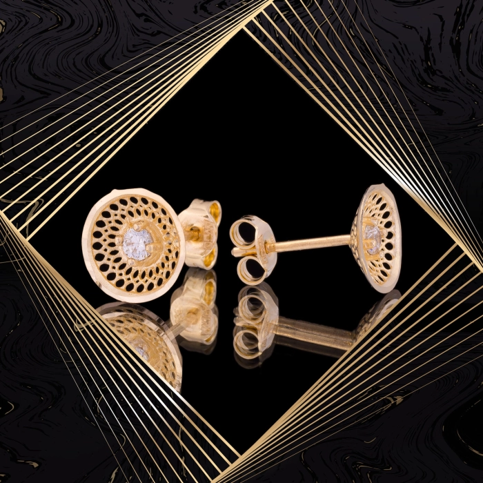 K1654 Złote kolczyki. Ażurowe talerzyki z cyrkoniami. 585