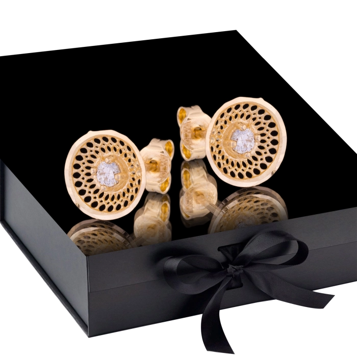 K1654 Złote kolczyki. Ażurowe talerzyki z cyrkoniami. 585