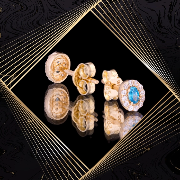 K1658 Złote kolczyki. Złote malutkie karmazycje z cyrkoniami. Dla dziecka. 585