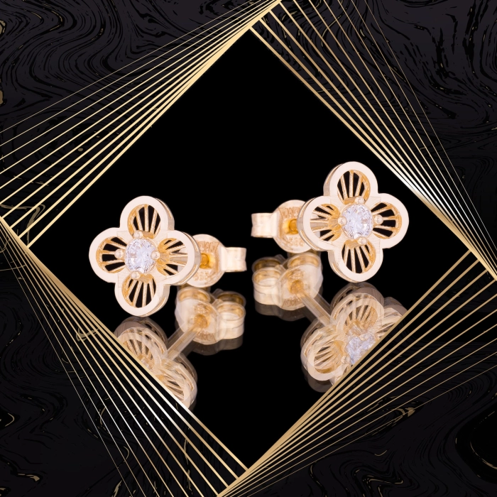 K1661 Złote kolczyki. Złote koniczynki z cyrkoniami. 585