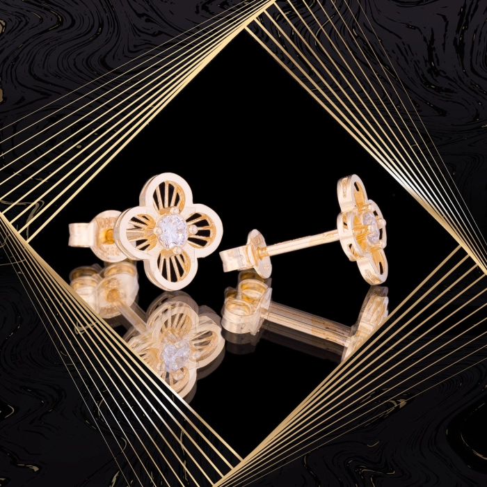 K1661 Złote kolczyki. Złote koniczynki z cyrkoniami. 585