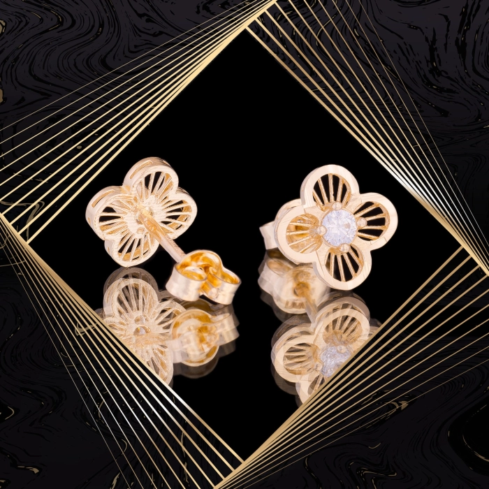 K1661 Złote kolczyki. Złote koniczynki z cyrkoniami. 585