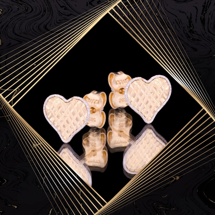 K1663 Złote kolczyki. Złote serduszka z diamentowanym tłem. 585