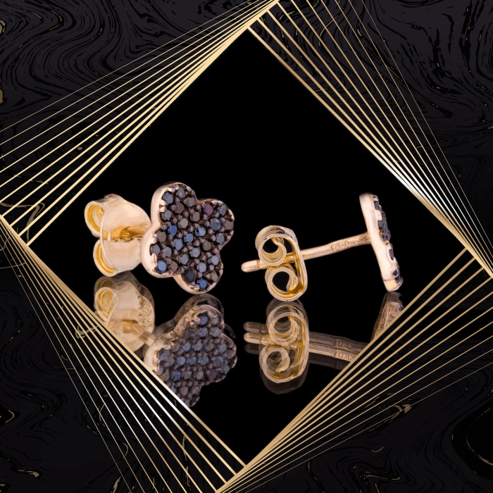 K1665 Złote kolczyki. Złote koniczynki z cyrkoniami. Czarne. 585