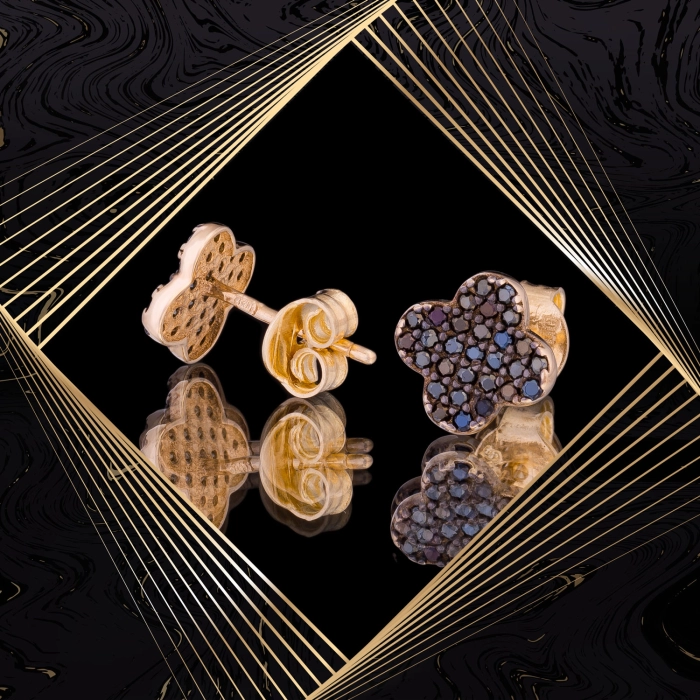 K1665 Złote kolczyki. Złote koniczynki z cyrkoniami. Czarne. 585