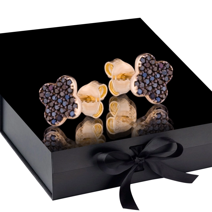 K1665 Złote kolczyki. Złote koniczynki z cyrkoniami. Czarne. 585