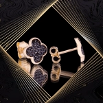 K1666 Złote kolczyki. Złote koniczynki z cyrkoniami. Czarne. 585