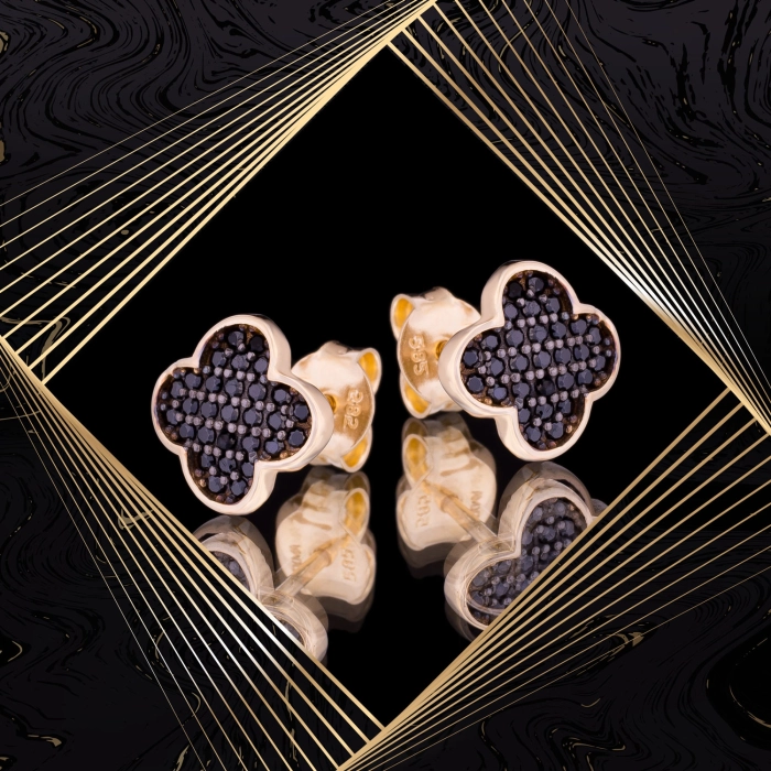 K1666 Złote kolczyki. Złote koniczynki z cyrkoniami. Czarne. 585