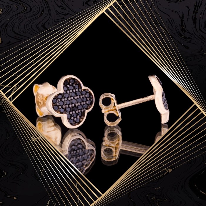 K1666 Złote kolczyki. Złote koniczynki z cyrkoniami. Czarne. 585