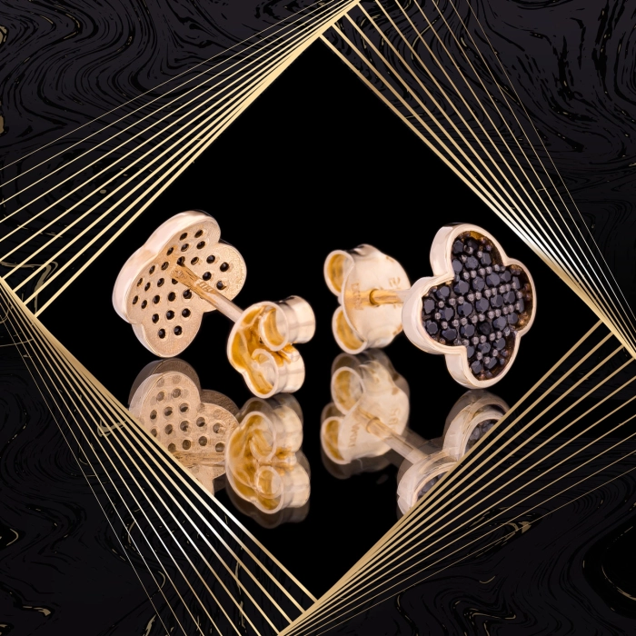 K1666 Złote kolczyki. Złote koniczynki z cyrkoniami. Czarne. 585