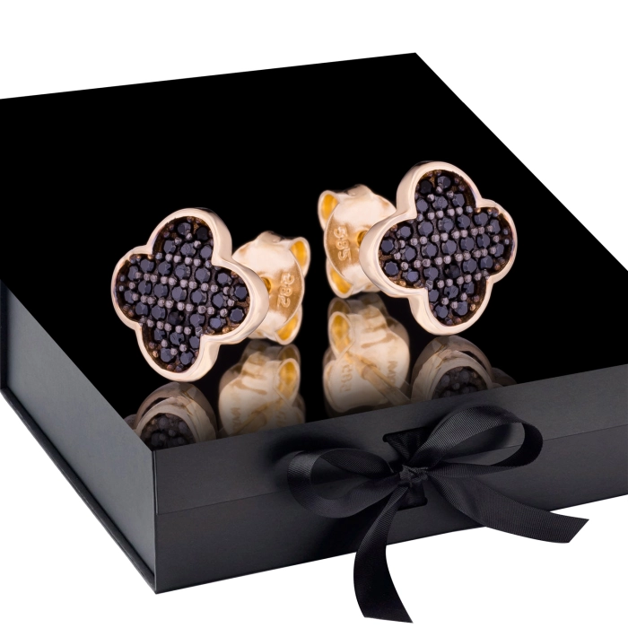 K1666 Złote kolczyki. Złote koniczynki z cyrkoniami. Czarne. 585