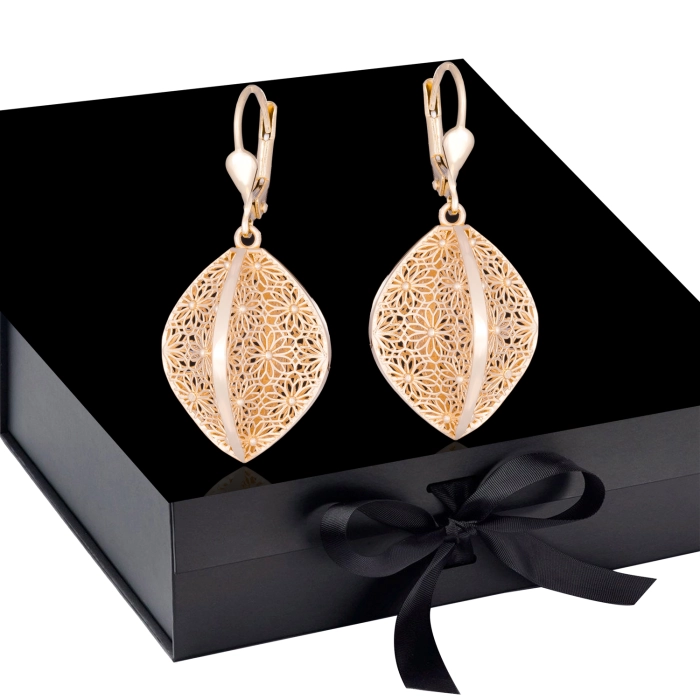 K1704 Złote kolczyki. Przestrzenne baryłki  z kwiecistym ażurem. Duże. 585