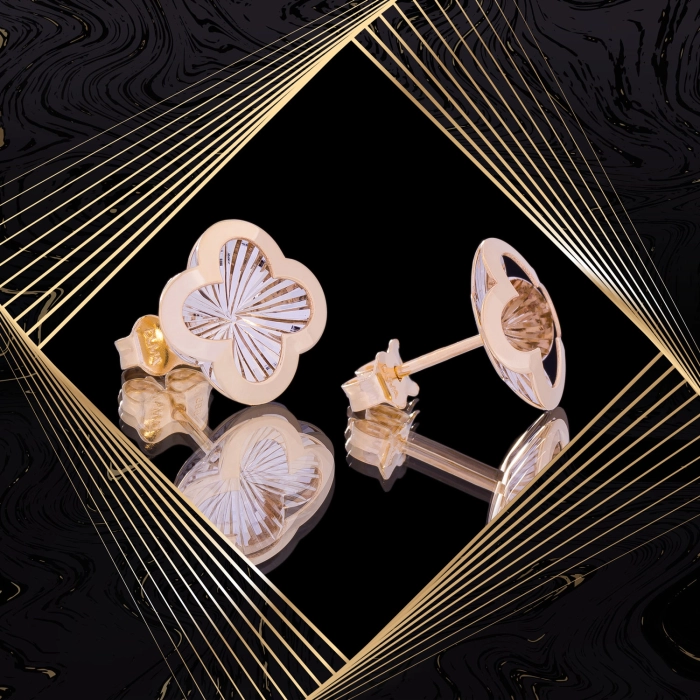 K1712 Złote kolczyki. Złote przestrzenne koniczynki. 585