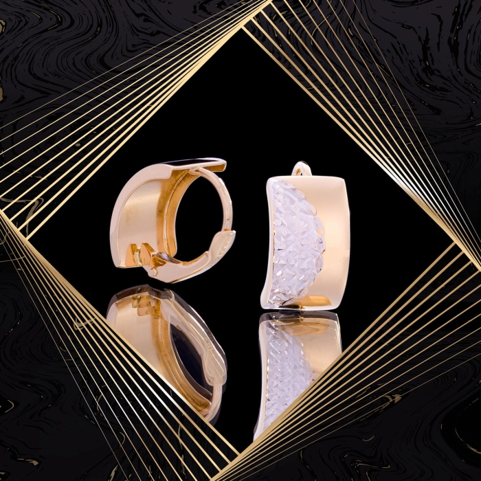 K1714 Złote kolczyki. Dwukolorowe prostokątne kolanka. 585