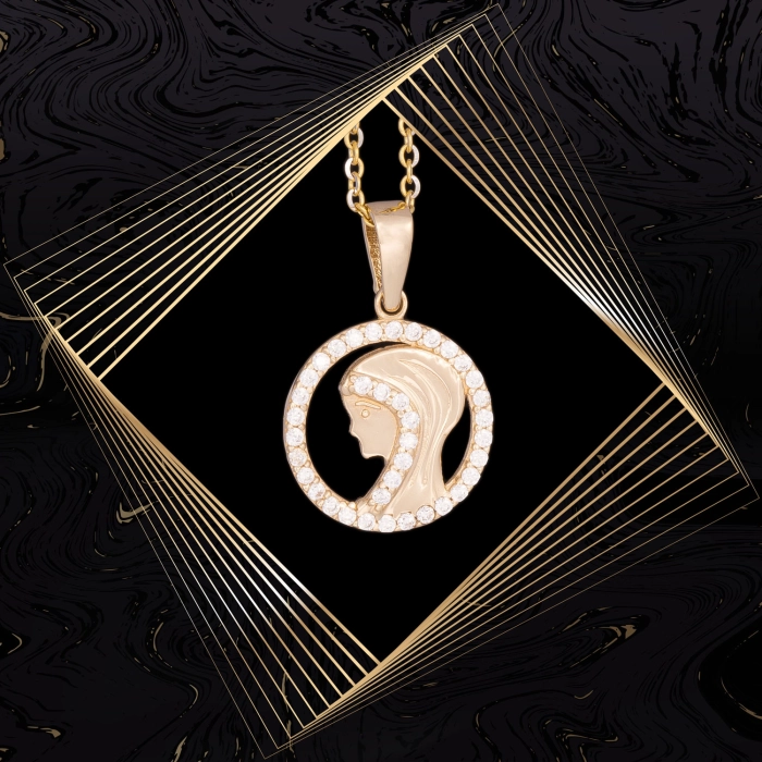 W861 Złoty wisiorek. Złoty medalik z cyrkoniami. Matka Boska. 585