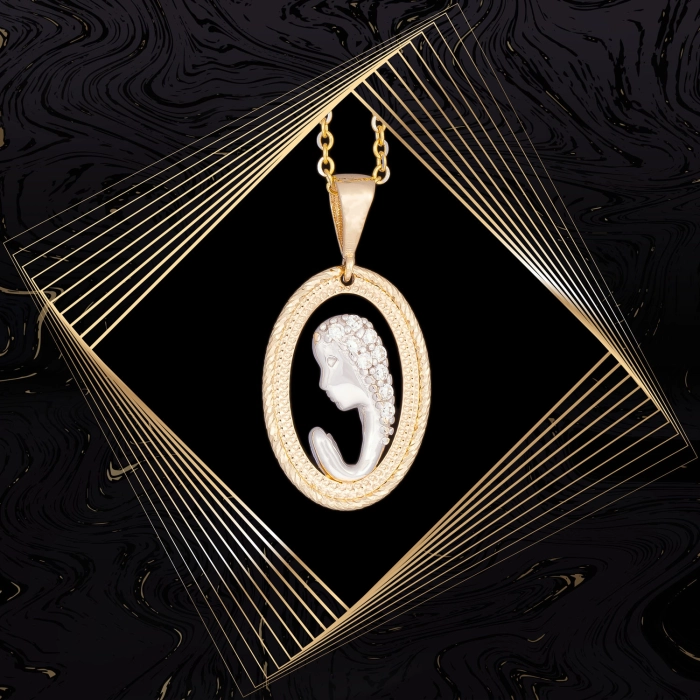 W863 Złoty wisiorek. Złoty medalik z cyrkoniami. Matka Boska. 585