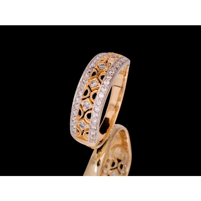 P610 Złoty pierścionek z akwamarynami i cyrkoniami. Próba 585