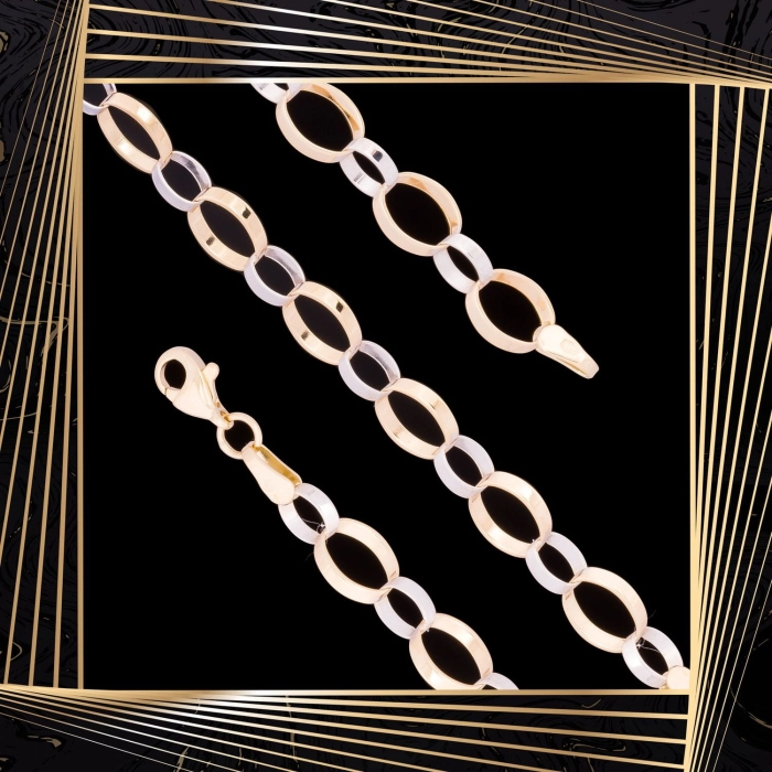 B298 Złota bransoletka. Dwukolorowe płaskie ogniwa. 585