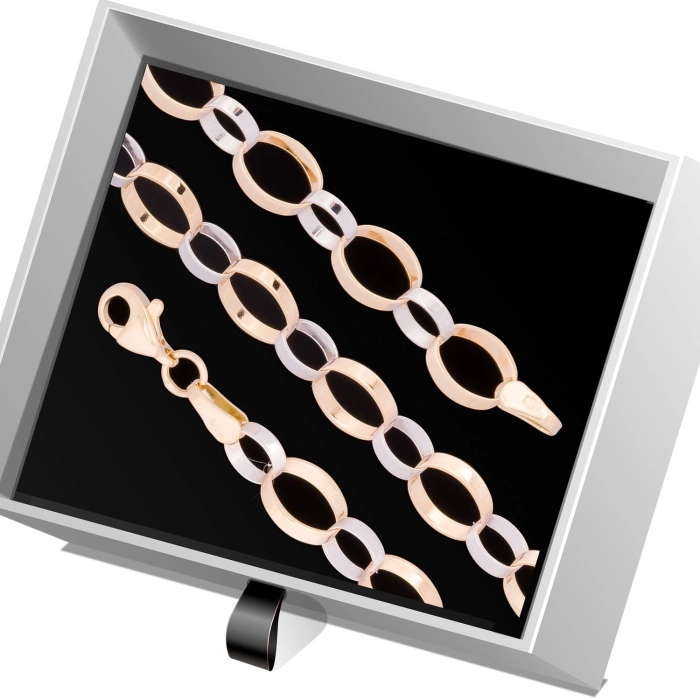 B298 Złota bransoletka. Dwukolorowe płaskie ogniwa. 585