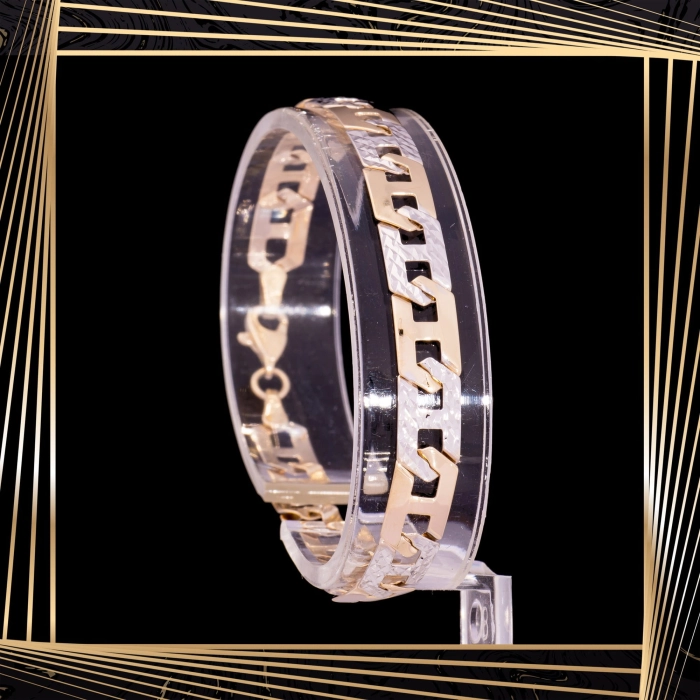 B343 Złota bransoletka. Dwukolorowa w splocie gucci. 585