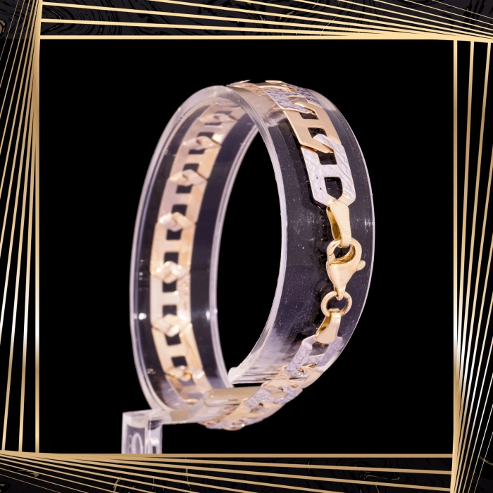 B343 Złota bransoletka. Dwukolorowa w splocie gucci. 585